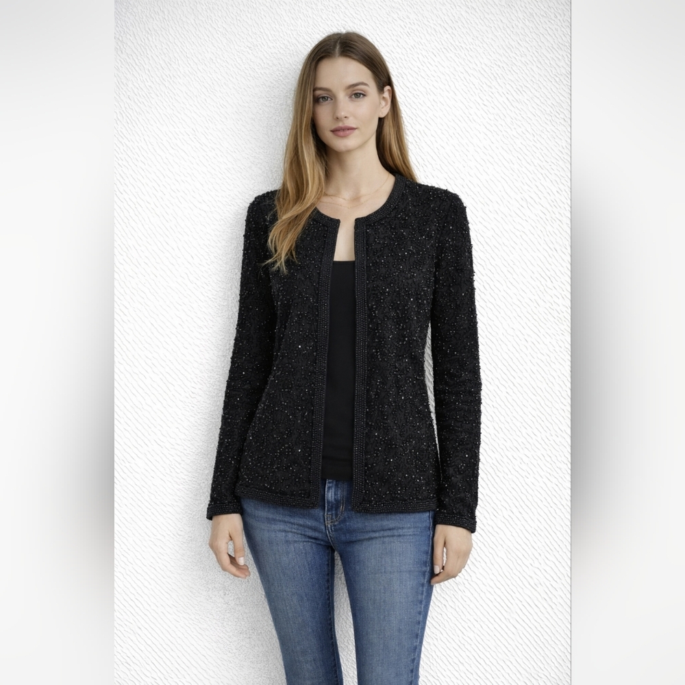 Cote D'Azur Size S Beaded 100% Silk Black Cardigan Jacket